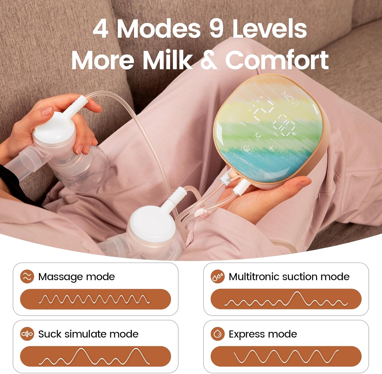 Graphic illustrating the four different modes of the breast pump: Massage mode, Multitronic suction mode, Suck simulate mode, and Express mode, with waveform representations for each.