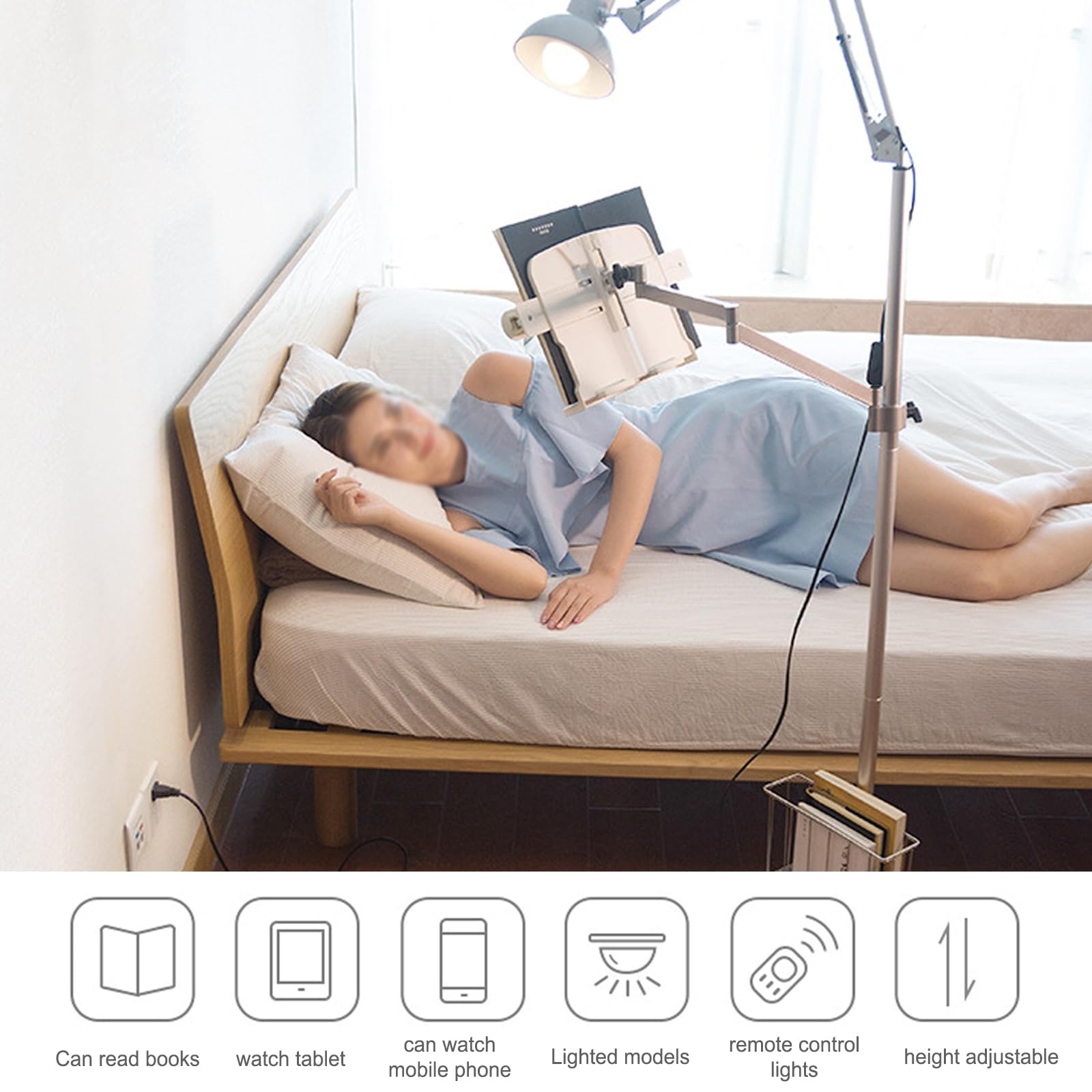 Soporte de suelo ajustable con ruedas, lectura en la cama, altura y ángulo ajustables, con cesta para libros, soporte estable para tableta, regalo para amantes de los libros