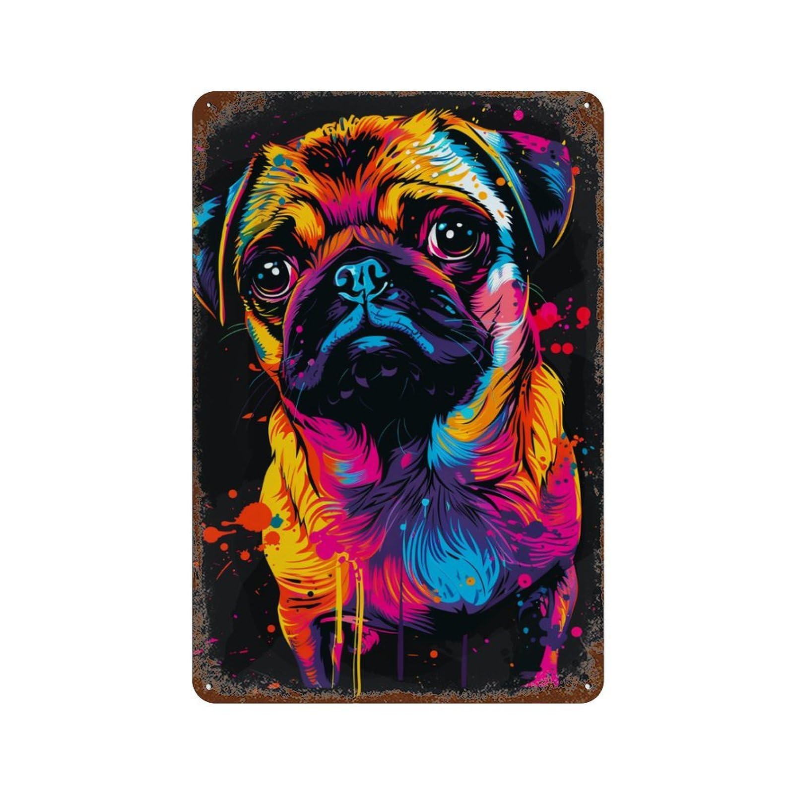 Colorful Pug Art Print Vintage Rust Metal Sign 11.8"x7.9", Shabby Chic Decor for Living Room, Hallway And Home Decor