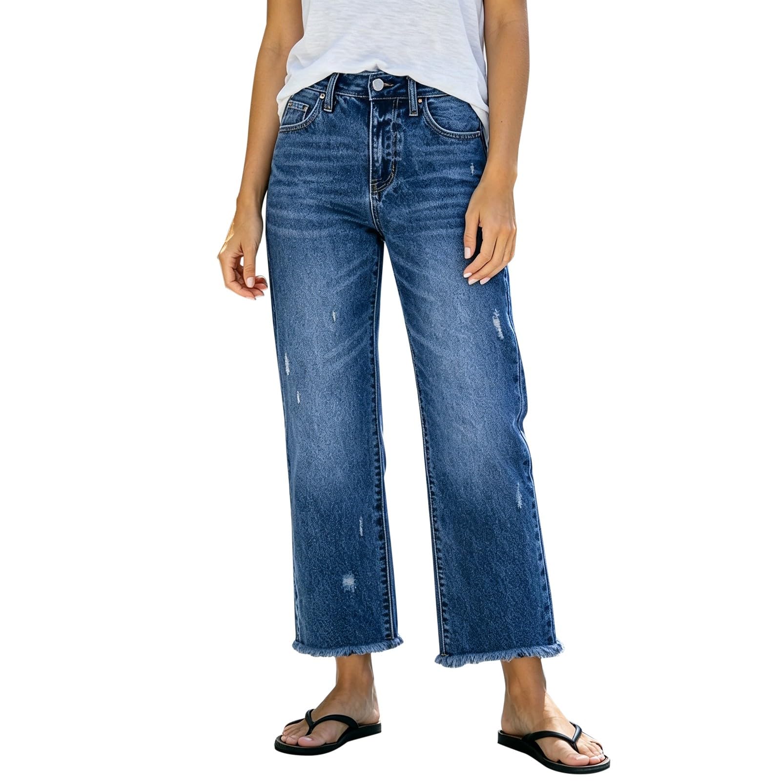 Jean pour femme en denim destroyed - Taille haute - Avec ourlet à franges