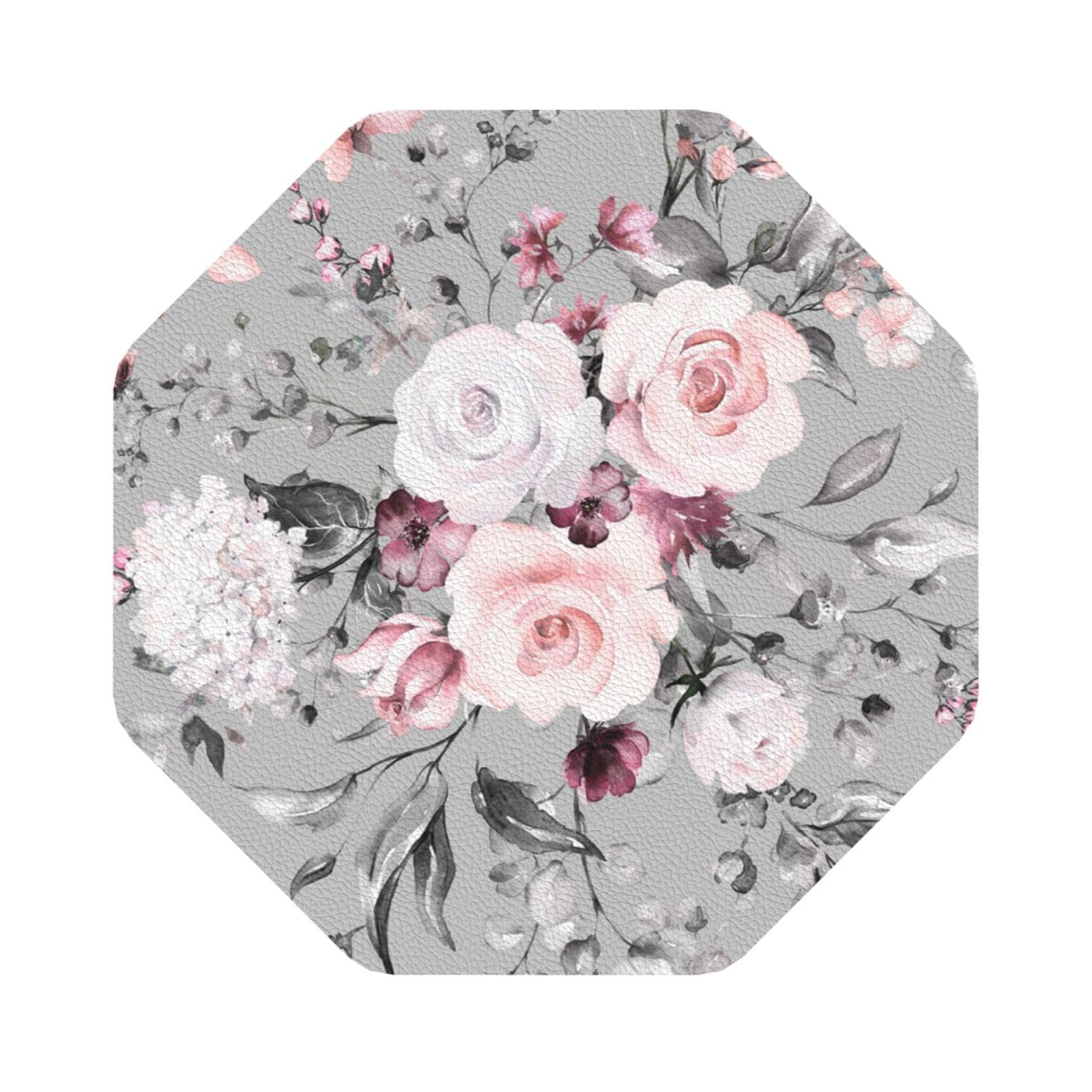 Plant Floral Flowers PU Leather Coasters Set of 6 Octagon Drink Coasters