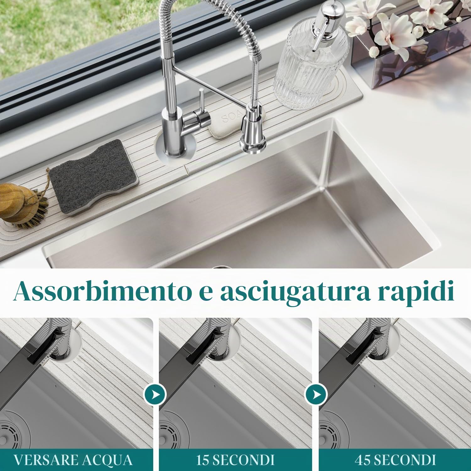 Vassoio per lavello in pietra ad asciugatura istantanea, ad asciugatura rapida, paraspruzzi per cucina, tappetino assorbente per rubinetto del bancone del bagno (grigio scuro, 60 x 10 cm)