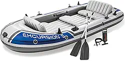 Intex 68325EP Excursion Inflável 5 Pessoas Conjunto de Carta de Barco de Pesca Resistente com 2 Remos de Alumínio e Bomba de Ar de Alta Saída para Lagos e Rios Superiores, Cinza