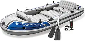 Intex 68325EP Excursion Inflável 5 Pessoas Conjunto de Carta de Barco de Pesca Resistente com 2 Remos de Alumínio e Bomba de Ar de Alta Saída para Lagos e Rios Superiores, Cinza