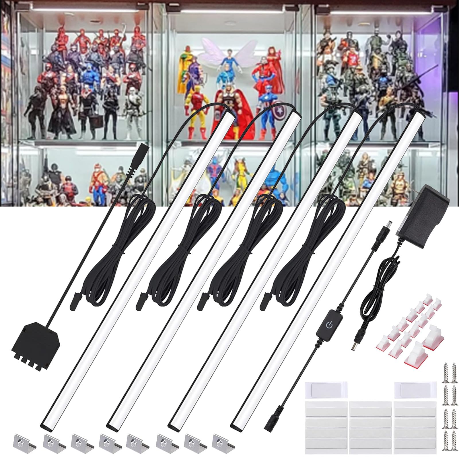Martronic 4-Pack 12 Inch LED Display Case Lighting Kit, Black Dimmable Bookshelf Light Bars with 12V Power Adapter, 6000K Bright White, Plug-in Slim Lights for Shelves, Curio Cabinets, and Bookcases