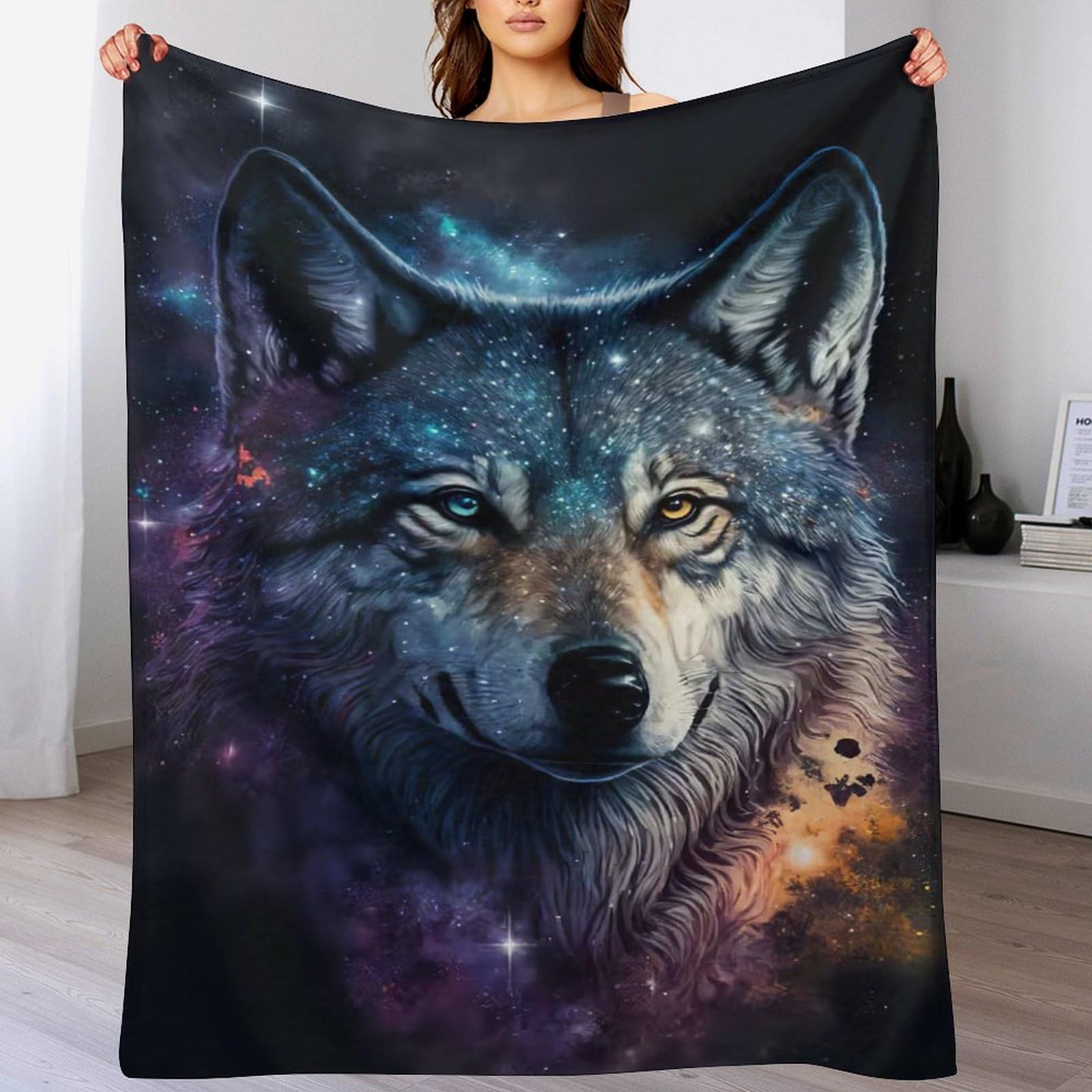 Manta suave para cama con lobo impreso de forro polar térmico 100x130