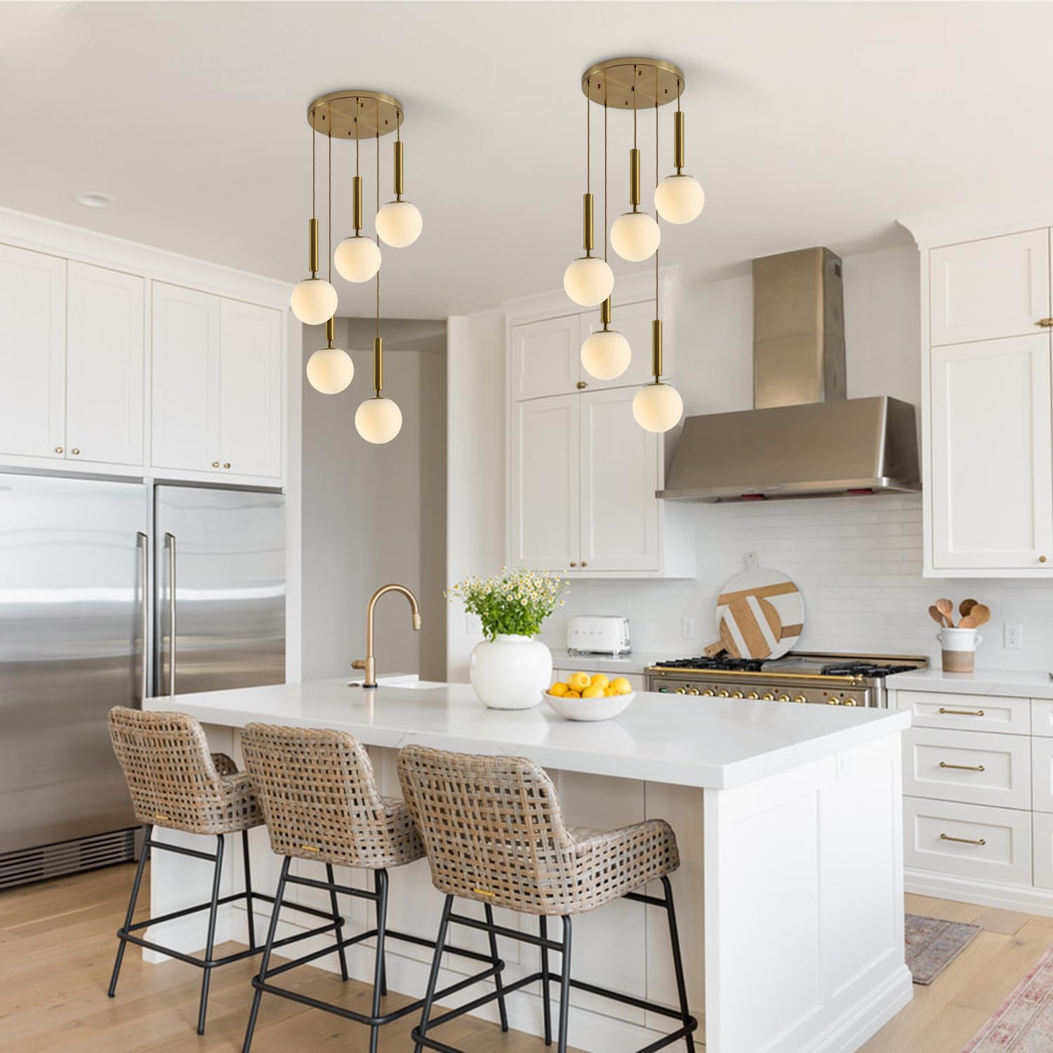 KCO Lighting 5 Light Globe Chandelier Gold Cluster Pendant Light Fixture Modern Milk Glass Chandelier Large Round Kitchen Island Pendant Lighting Contemporary Chandeliers for Foyer Entryway