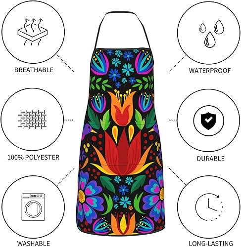 Miniatura 66 de Delantales florales mexicanos, delantal ajustable impermeable para barbacoa de cocina con 2 bolsillos, regalos para mujeres y hombres