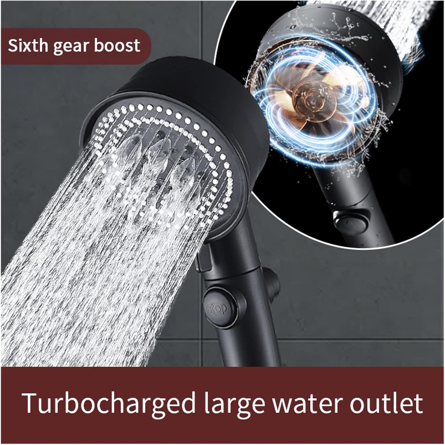 Black Shower Head High Pressure Turbo Shower One-Key Stop Water Water Saving with Small Fan Bathroom Accessorie Rain Shower (Color : 1.5m S Hose)