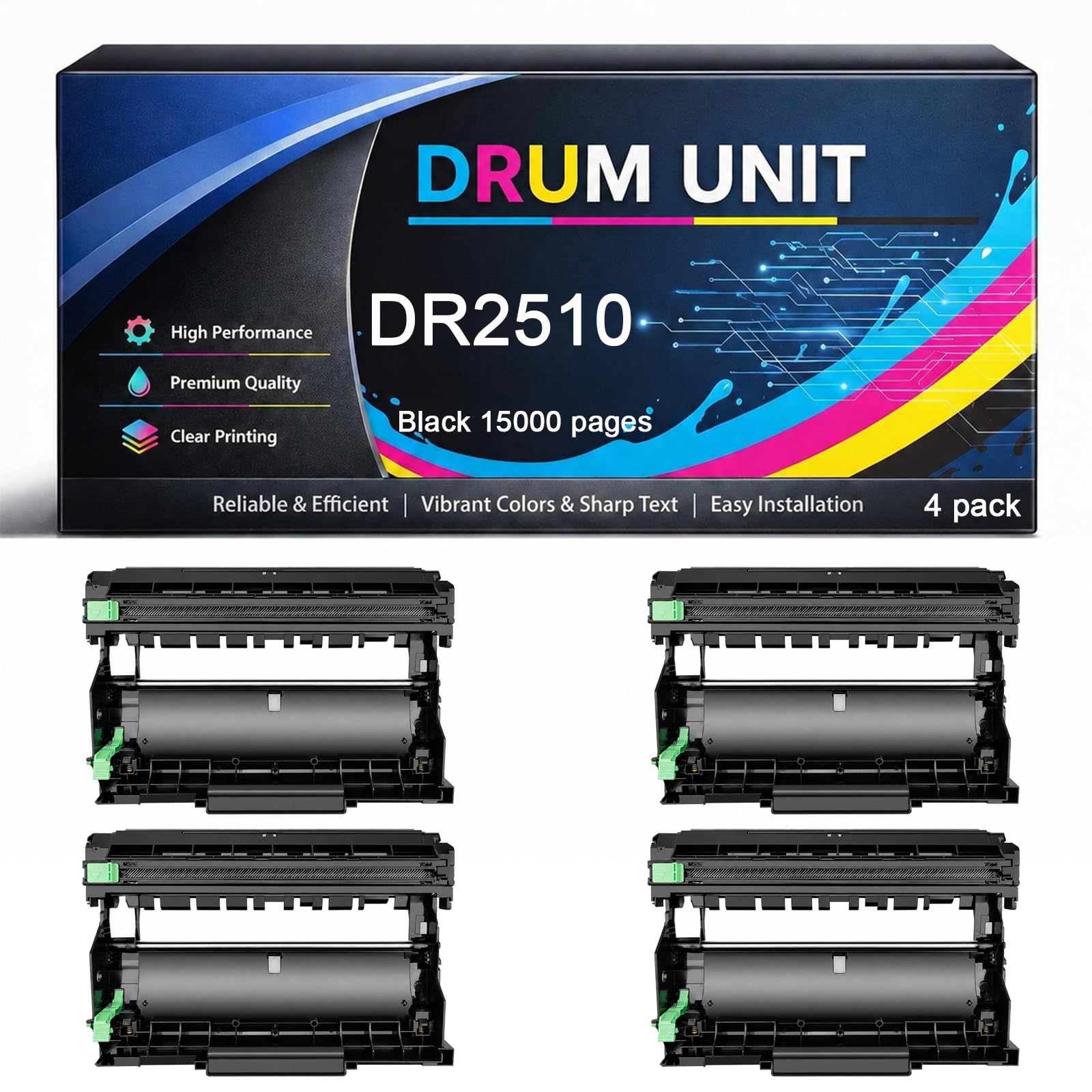 Unità Tamburo DR2510 Compatibile per Brother DR 2510 TN2510 15000 pagine per Stampanti HL-L2400DWE HL-L2400DW L2800DW DCP-L2627DWE DCP-L2620DW MFC-L2860DWE DCP-L2627DW DCP-L2665DW,Black-4pack