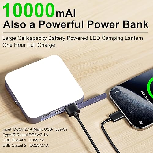 Miniatura 3 de Linterna LED recargable para campamento, batería externa de 10000 mAh, 4 modos de luz de 1000 lúmenes, luces impermeables IPX5, luz de tienda de