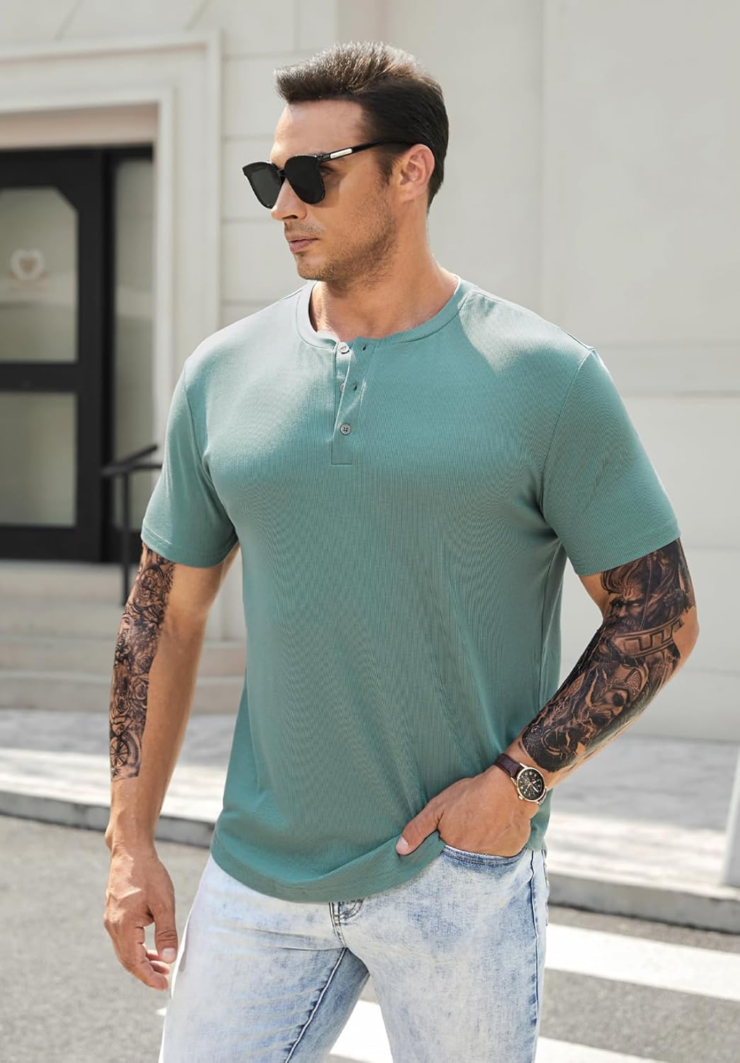 JMIERR Men's Muscle Slim Henley Shirts Crewneck Longline T-Shirt Gym Workout Athletic Shirt Tees with Button - Image 3