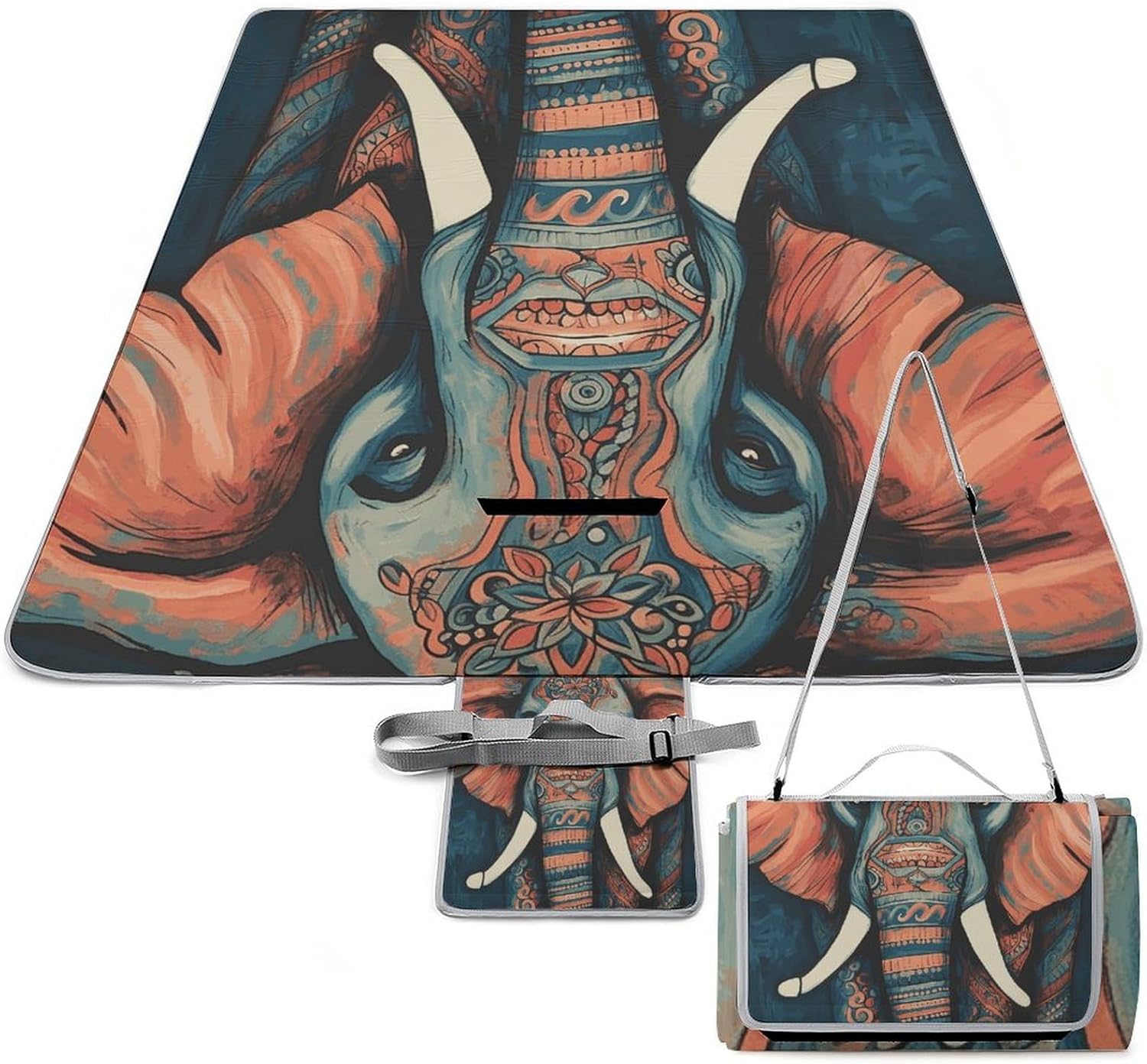Abstract Elephant Waterproof Picnic Blanket 58.3''x58.3'',Portable and Foldable Picnic Mat with Handle,Outdoor Blankets for Lawn Park Beach Travel
