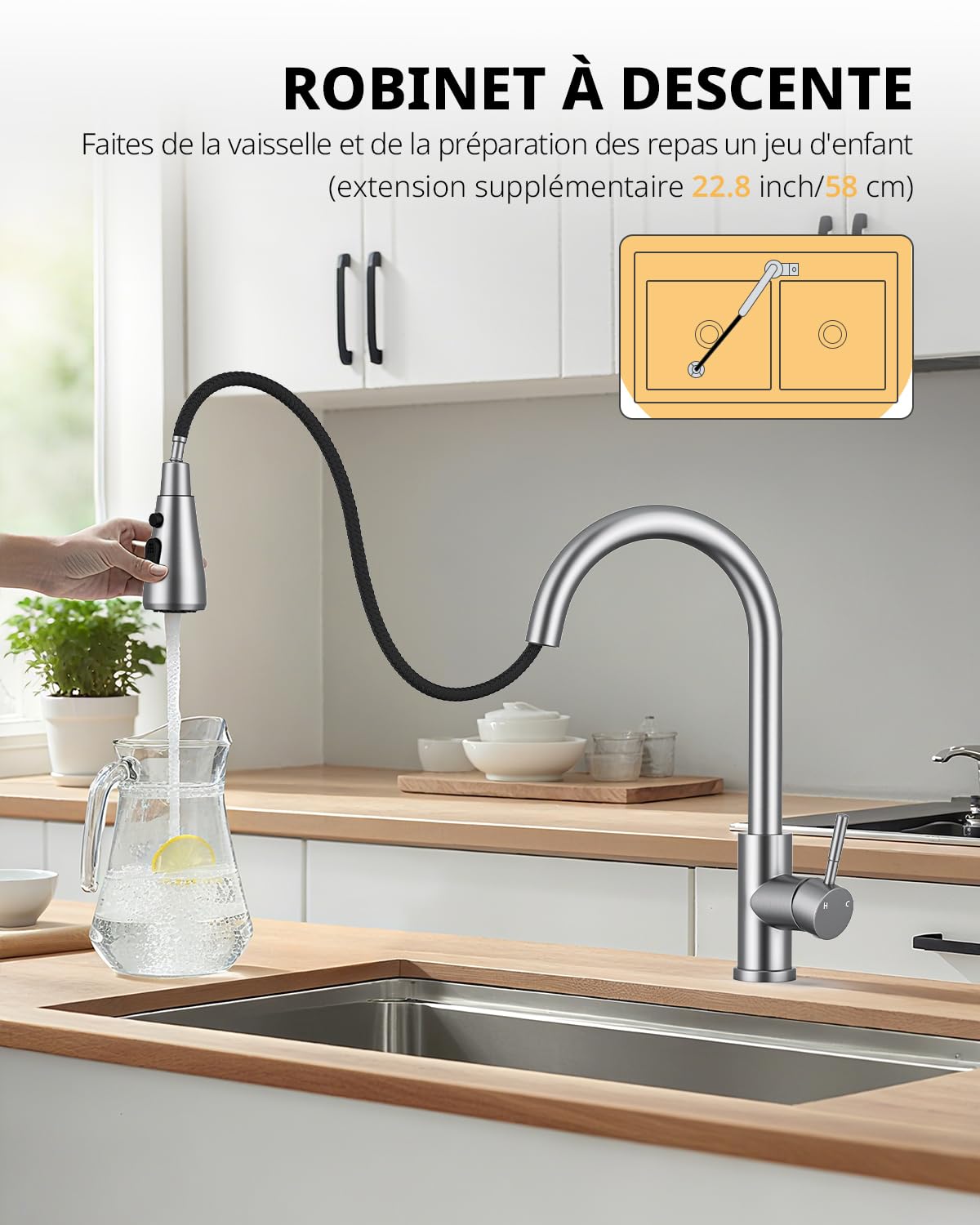 Hiqufet Robinets de Cuisine, Robinet Mitigeur Évier avec Pivotant 360° et Bec Extractible, Robinet Évier Haute Arche à Une Seule Manette en Acier Inoxydable, Nickel Brossé