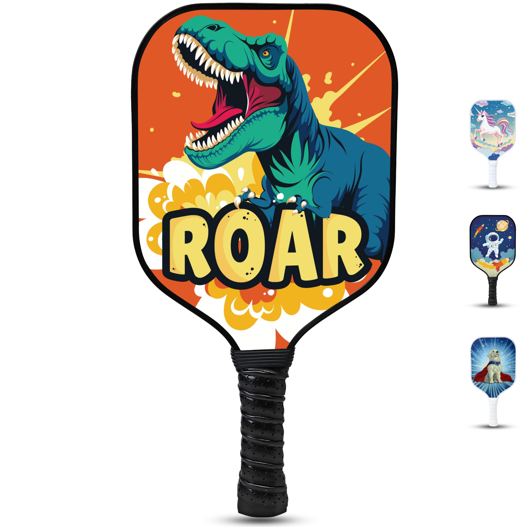 Dany x Kevin Kids Dinosaur Pickleball Paddle - Lightweight Fiberglass for Children Under 12 (0.37 lbs) - Small Grip for Easy Handling - Junior Youth Paddle