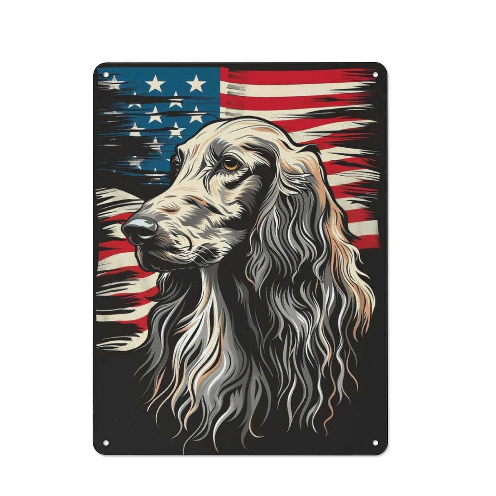 Junmoney Afghan Hound American Flag Tin Sign 40X30cm With For Workshop Wall, Rustic Decor, Autumn Room Decor For Fans Of Metal Wall Signs