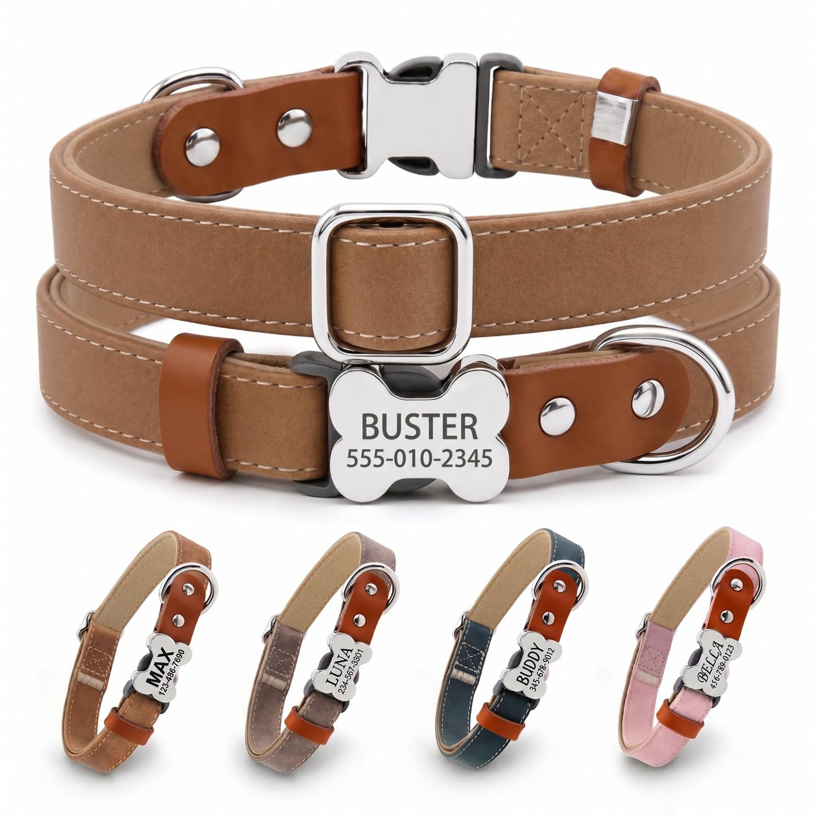 Aeor Personalised PU Leather Dog Collar Custom Engraved Name & Number