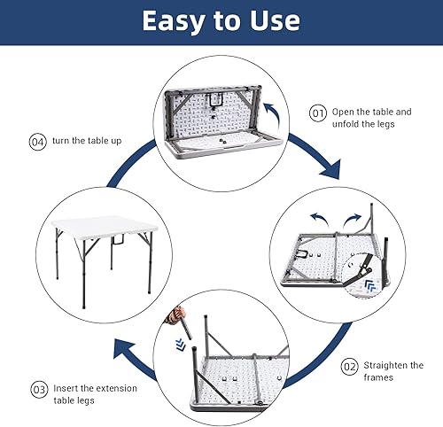 Miniatura 6 de Mesa plegable cuadrada de 34 pulgadas, plegable por la mitad, mesa portátil de comedor resistente de polietileno de alta densidad de plástico blanco