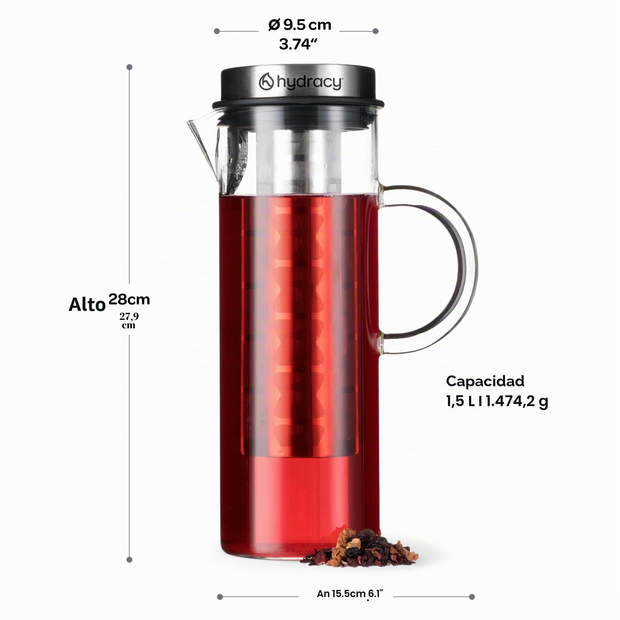 Hydracy Cafetera y Tetera - Jarra de Vidrio de 1,5L - Bebidas Frías y Calientes - Tapa y Filtro de Acero Inoxidable - Tubo Adicional para Infusiones de Frutas - Apto para Lavavajillas