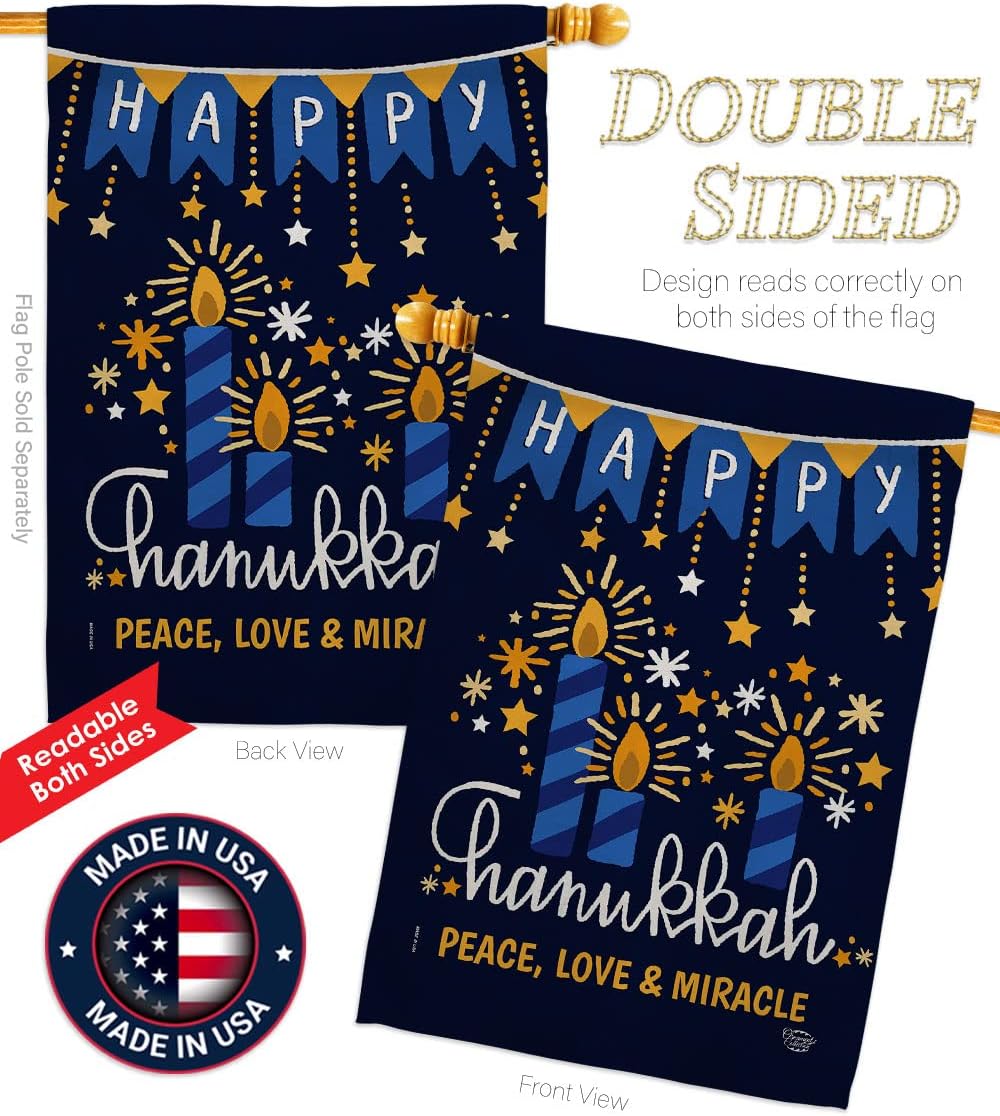Peace Love Happiness House Flag - Winter Hanukkah Candle Bonsai Menorah Jewish Chanukah David - Decoration Banner Small Garden Yard Gift Double-Sided Made in USA 28 X 40