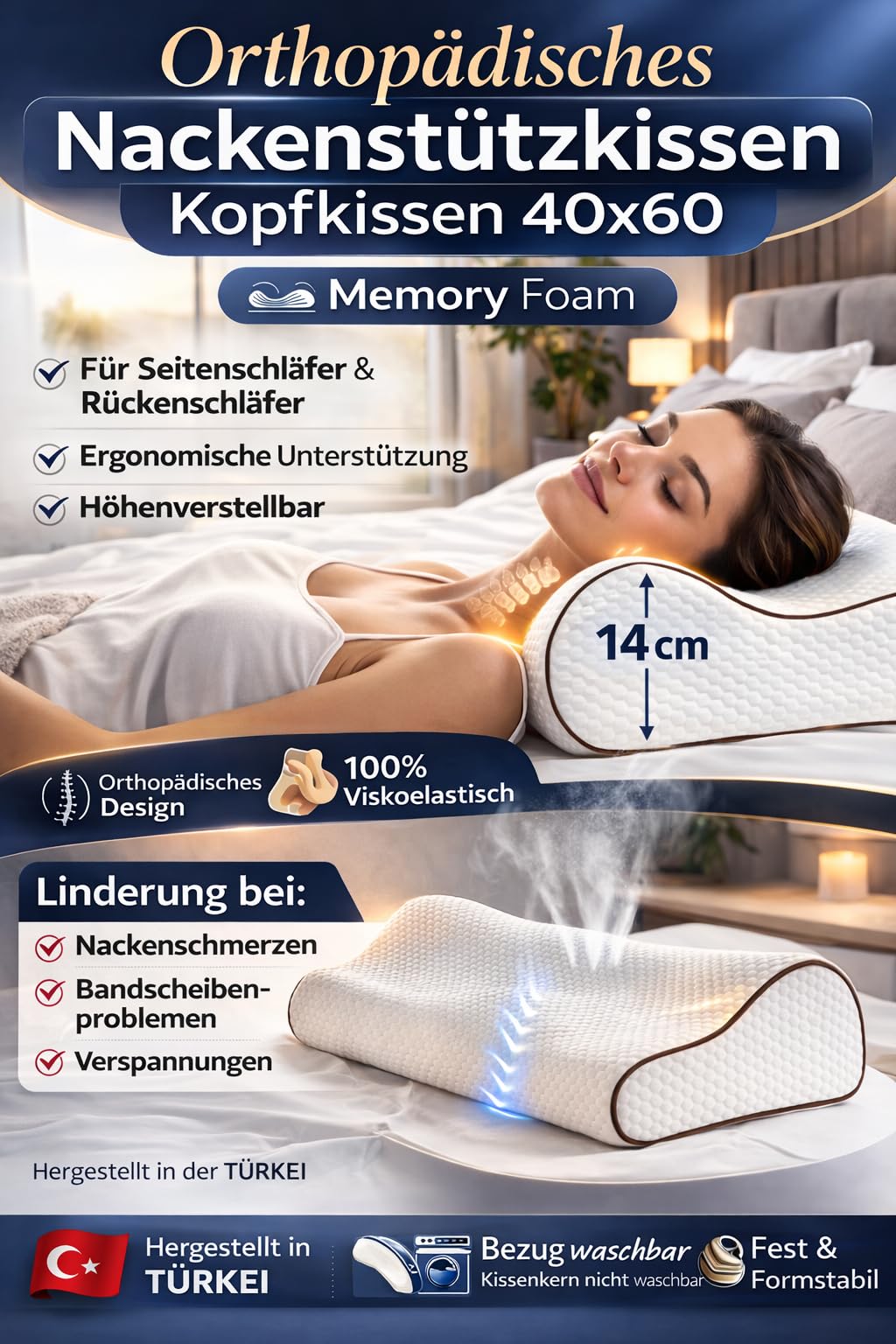 ELY PARKER Almohada ortopédica de apoyo cervical, 40 x 60 cm, espuma viscoelástica para dormir de lado, altura regulable, 12 a 14 cm, almohada cervical ergonómica fija (2 unidades)