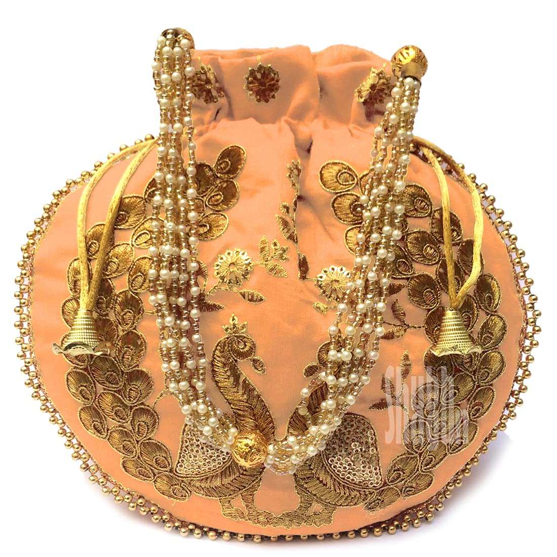 Women's Potli Bag Peacock Embroid Silk Fabric Potli Bag, Wedding, Party, or Return Gift (Lite Peach)-image-15