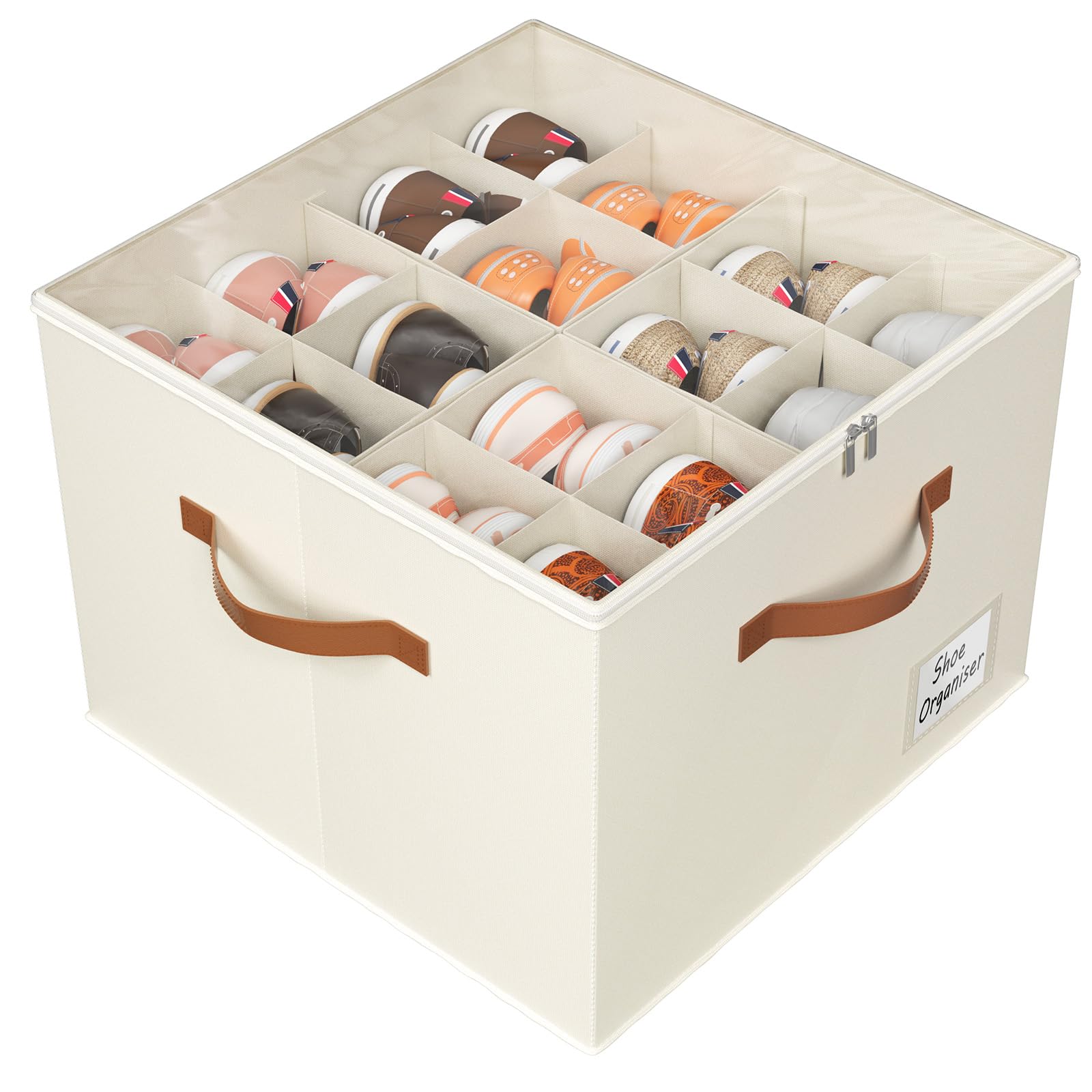 Storivo Shoe Organiser - Shoe Storage Organiser Box with Zipable Clear Cover, Adjustable Dividers Shoes Boxes Storage Fits16 Pairs - for Boots Heels Sneakers - white - 2