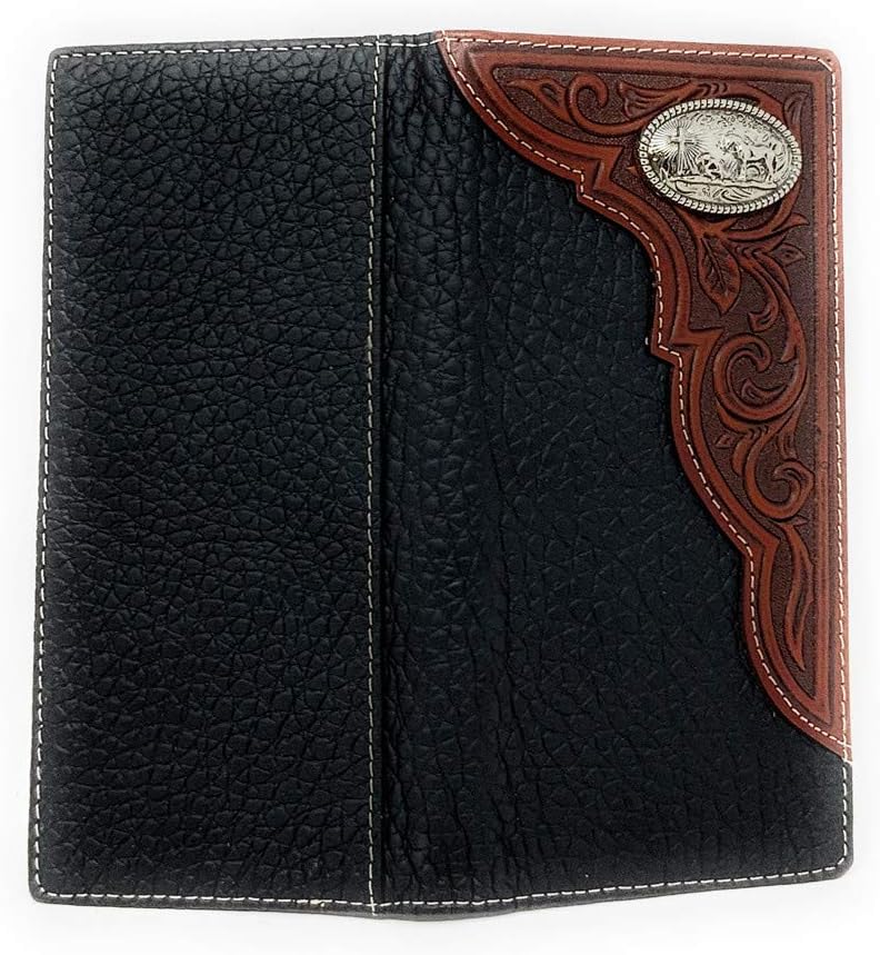 Western Premium Genuine Leather Tooled Men's Long Bifold Wallet premium cowboy wallets in 2 colors (Black Praying cowboy) image 3