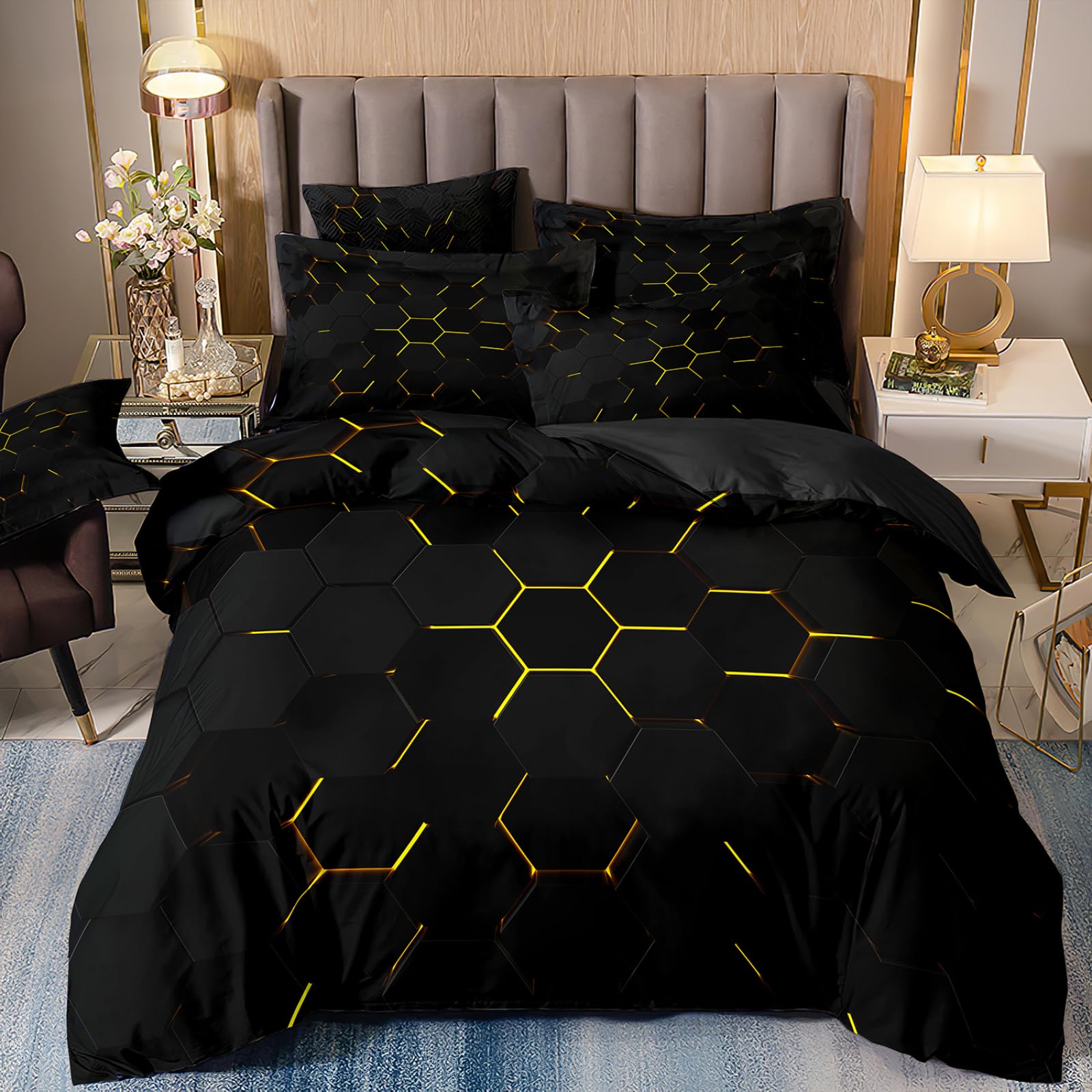 Dwetcxo Single Duvet Cover Set Black Hexagon Single Bed Duvet Cover Set Soft Microfiber Breathable Bedding Durable Single Bedding Sets with Zipper Closure+2 Pillowcases 50x75cm 140x200cm