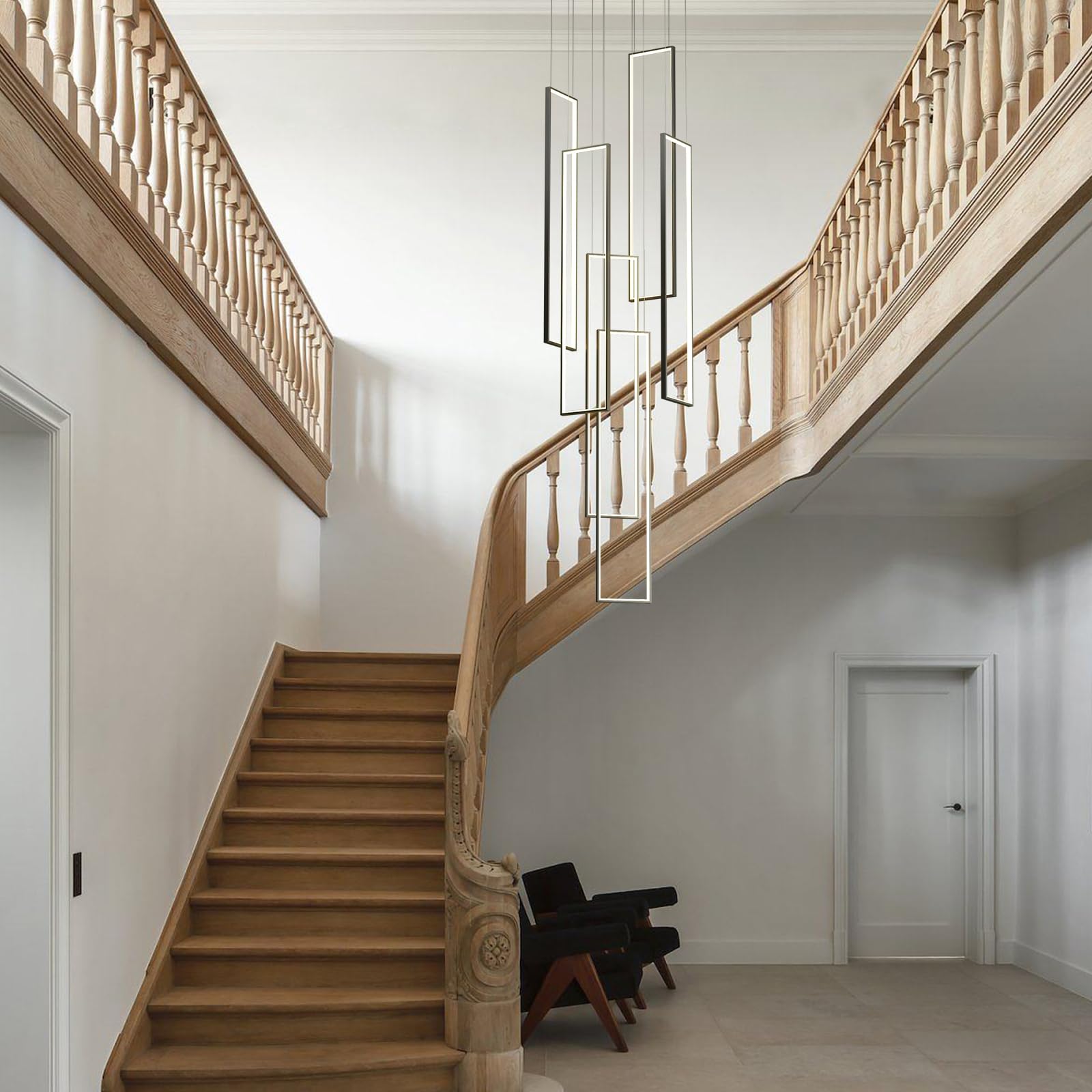 Qcyuui Lámpara de Techo LED Moderna Suspendida para Escaleras, 6 Luces Regulables, Plafón para Entrada de Chalet, Escaleras y Salones, Rectangular 90W con Mando a Distancia | Lámpara colgante rectangular con mando a distancia para villa, entrada, escalera
