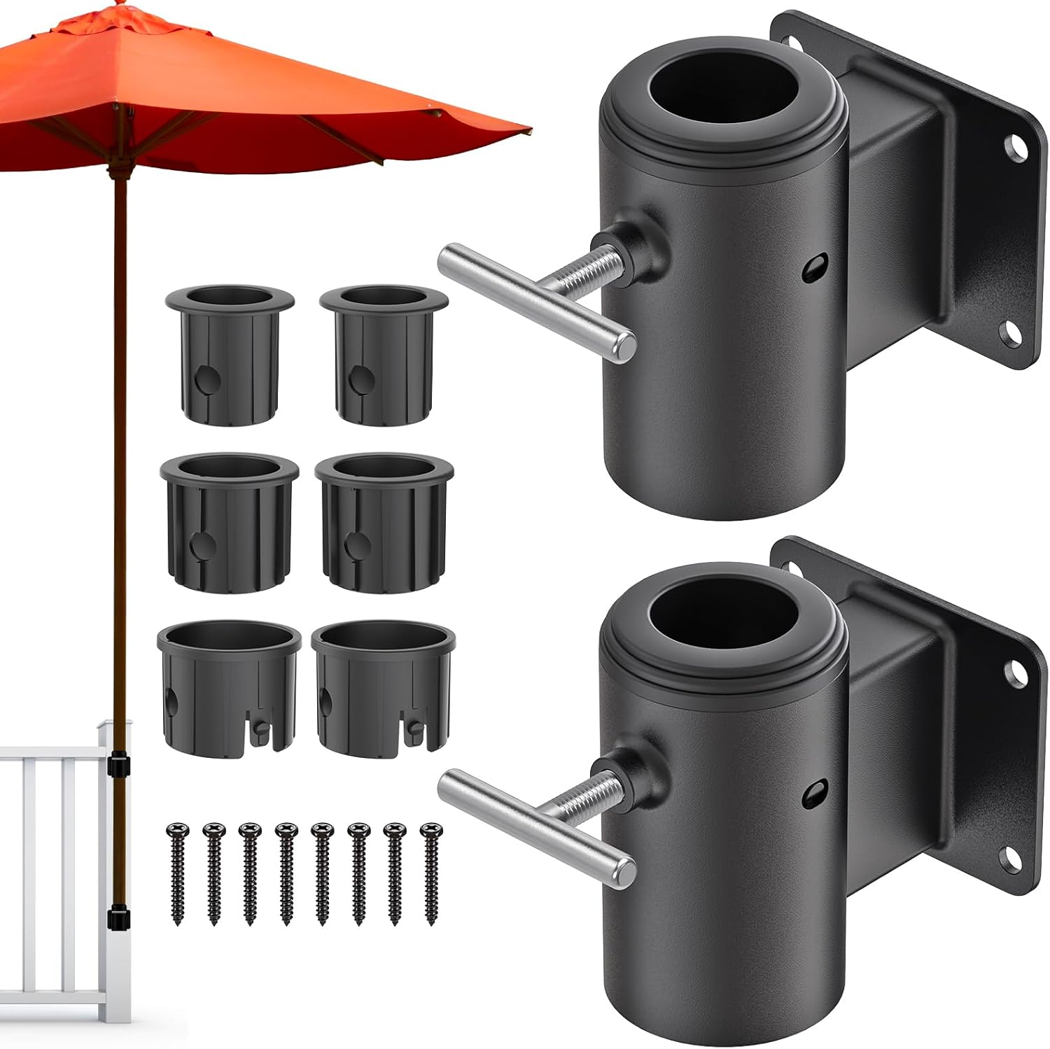 Dolibest Deck Umbrella Mount, Patio Umbrella Holder with 3 Plastic Sleeves, Steel Umbrella Clamp, Fits Umbrella Pole to 1-2'', Space Saver Design, Ideal for Deck Railings, Balconies, Courtyards