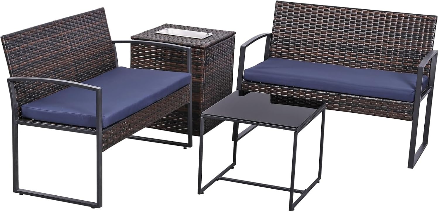 4 Piece Outdoor PE Wicker Furniture Set, Patio Rattan Sectional Sofa Couch with Washable Cushions and Ice Bucket(Brown)