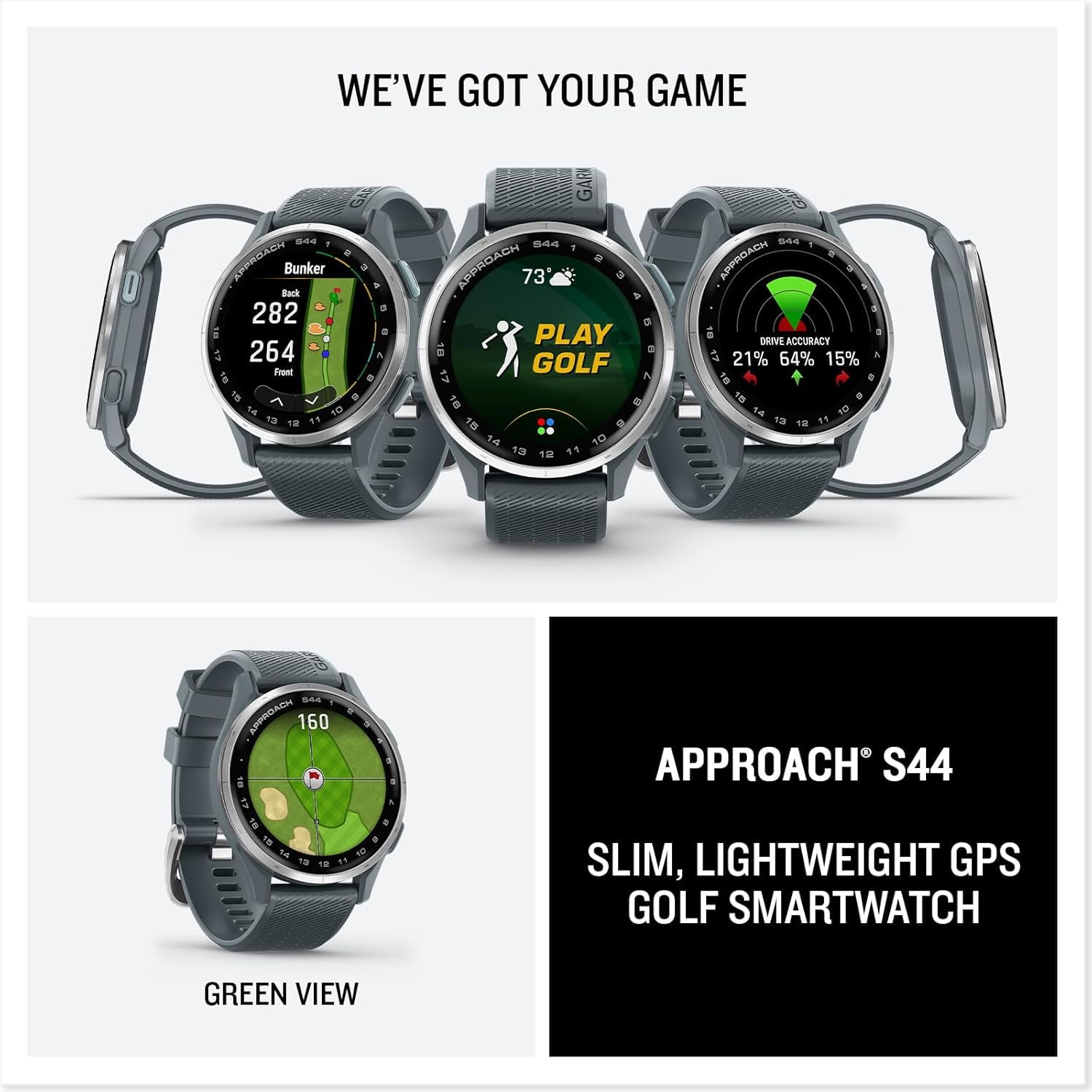 Garmin Approach S44 Essential Montre de golf avec GPS, écran AMOLED, montre intelligente de sport et de fitness, lunette en aluminium argenté avec bracelet en silicone noir et écouteurs sans fil