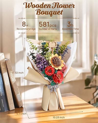 Miniatura 3 de Rowood Juego de construcción de ramo de flores de madera, kit de manualidades rompecabezas 3D para adultos, colección botánica de flores