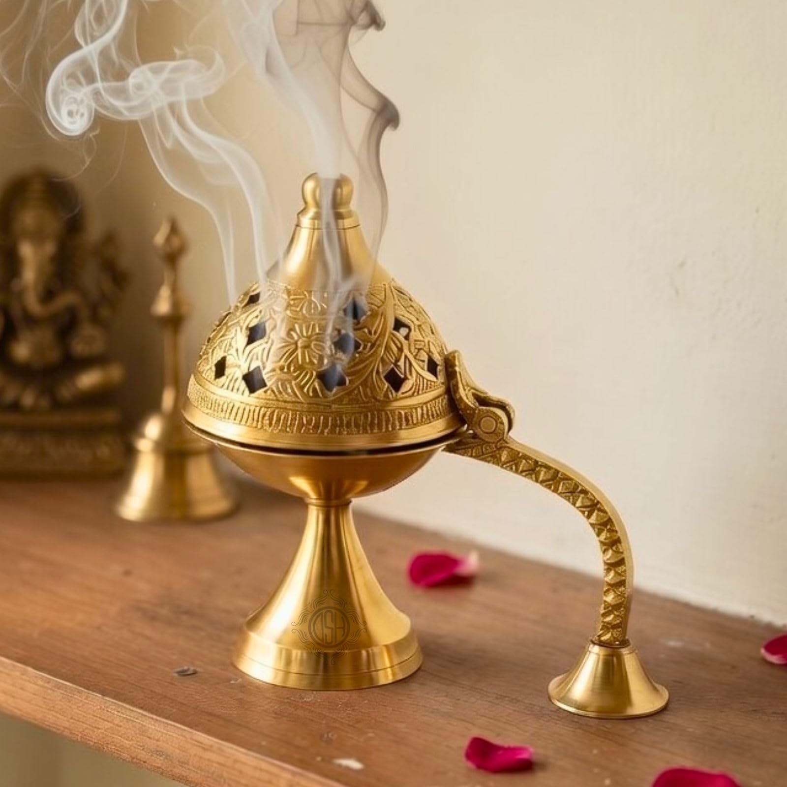 DSH CRAFTING YOUR CURIOSITY Home Purifying Brass Dhuna Loban Burner Dhooni Dhoop Dani Dhuni Brass Table Dhoop Dani Incense Burner for Loban (Small)