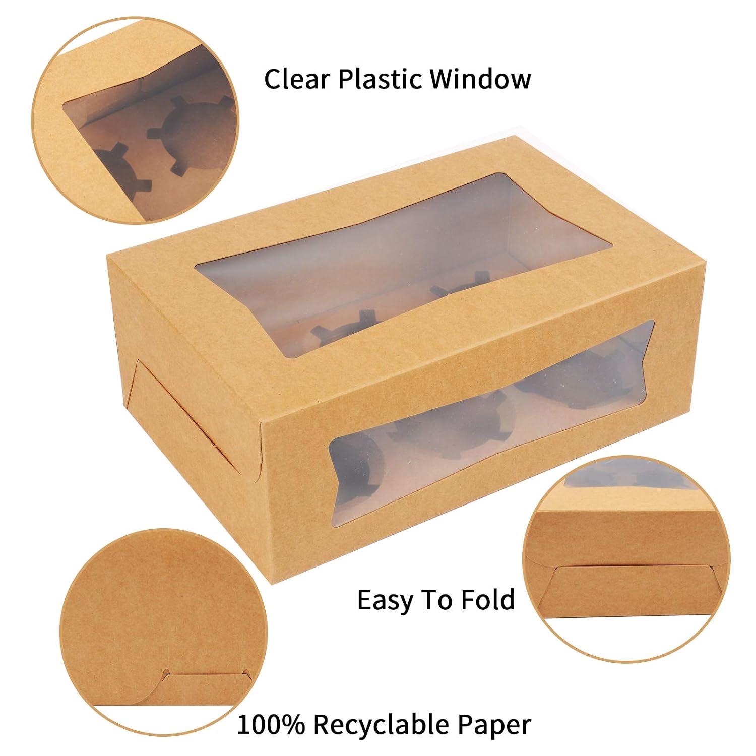 24 PCS 6ct Cupcake Boxes with Inserts Disposable Cupcake Carriers Bakery Boxes with Window(Brown)