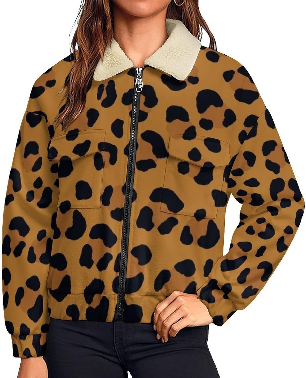 Golden Leopard Cheetah Print Jackets Womens Zip Up Sweatshirt Long Sleeve Warm Baseball Top Causal Pockets Stand
