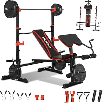 1500LBS 8 in 1 Olympic Weight Bench Set with Leg Extension/Curl and Preacher Curl, Bench Press Set and barbell Rack with Safety Bar Catches, Foldable Workout Benches for Home(US Stock)