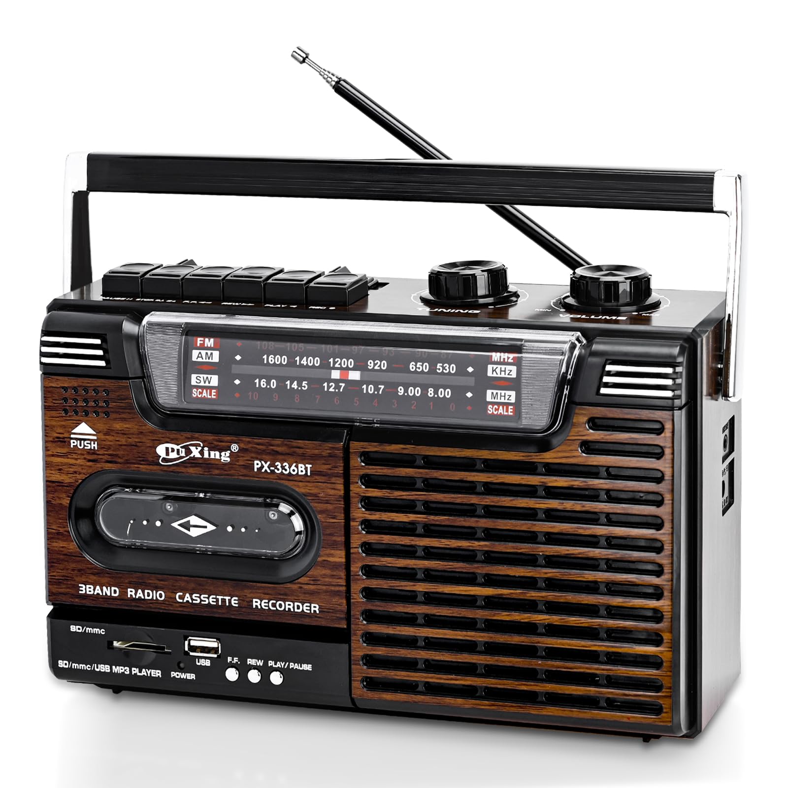 Lecteur de Cassette Portable, Boombox Portable Vintage Tape Player, Support SD/MMC/USB/Lecture de Bande, AM/FM/SW Bande Radio, qualité Audio Hi-FI, Haut-Parleur intégré (Grain de Bois)