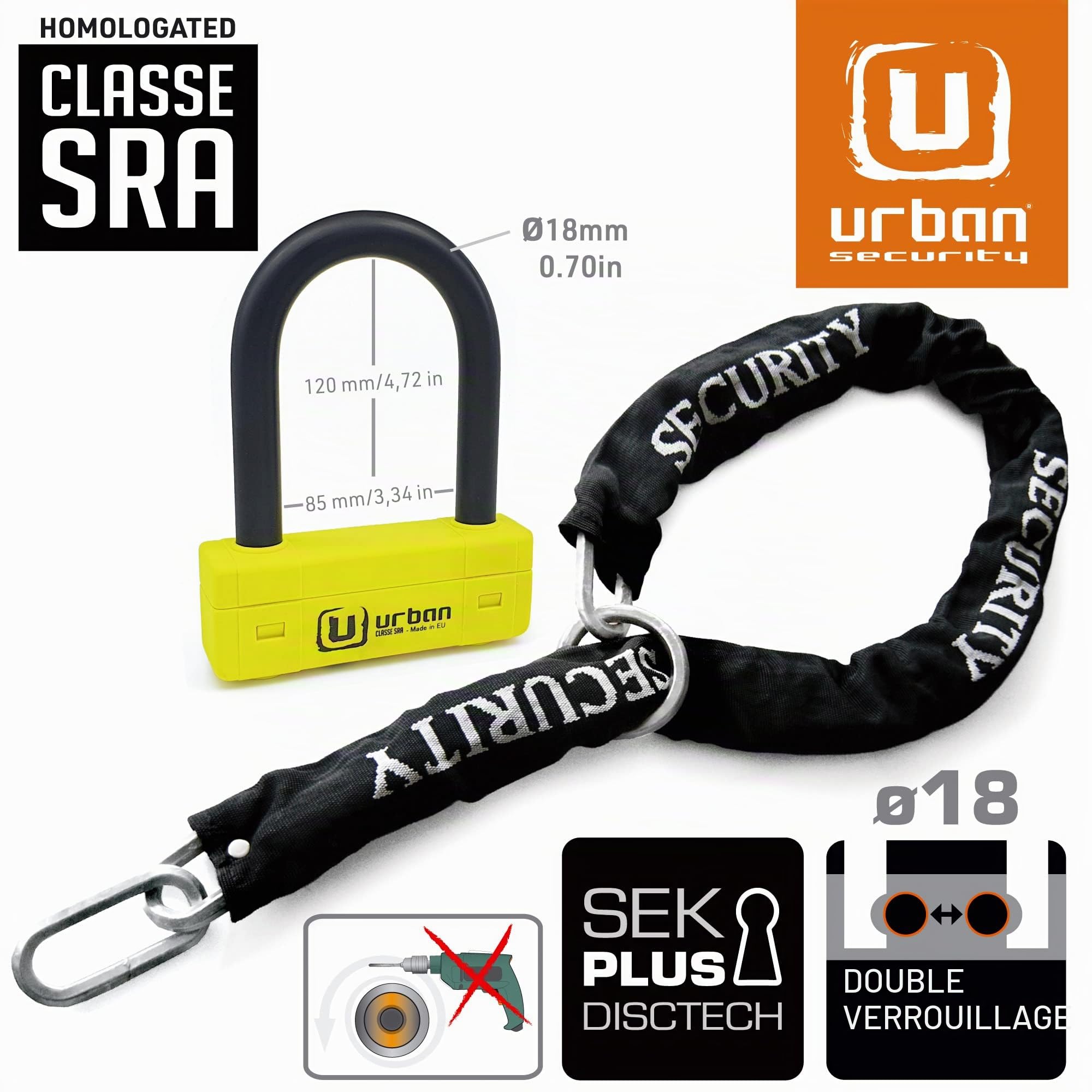 URBAN UR85120Y+10.120L Antivol U Moto Homologué SRA + Chaîne en Acier Trempé 120cm Longueur Supplémentaire avec Système de Boucle, Fourche en Acier Trempé ø18mm, Cadenas en U pour Moto, Scooter, Velo