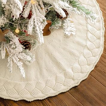 36 inch Christmas Tree Skirt Pencil Tree Skirt for 6ft Tree, Basketweave Woven Knit Cream White Small Tree Skirt, Vintage Tree Skirts, Rustic Farmhouse Christmas Decorations