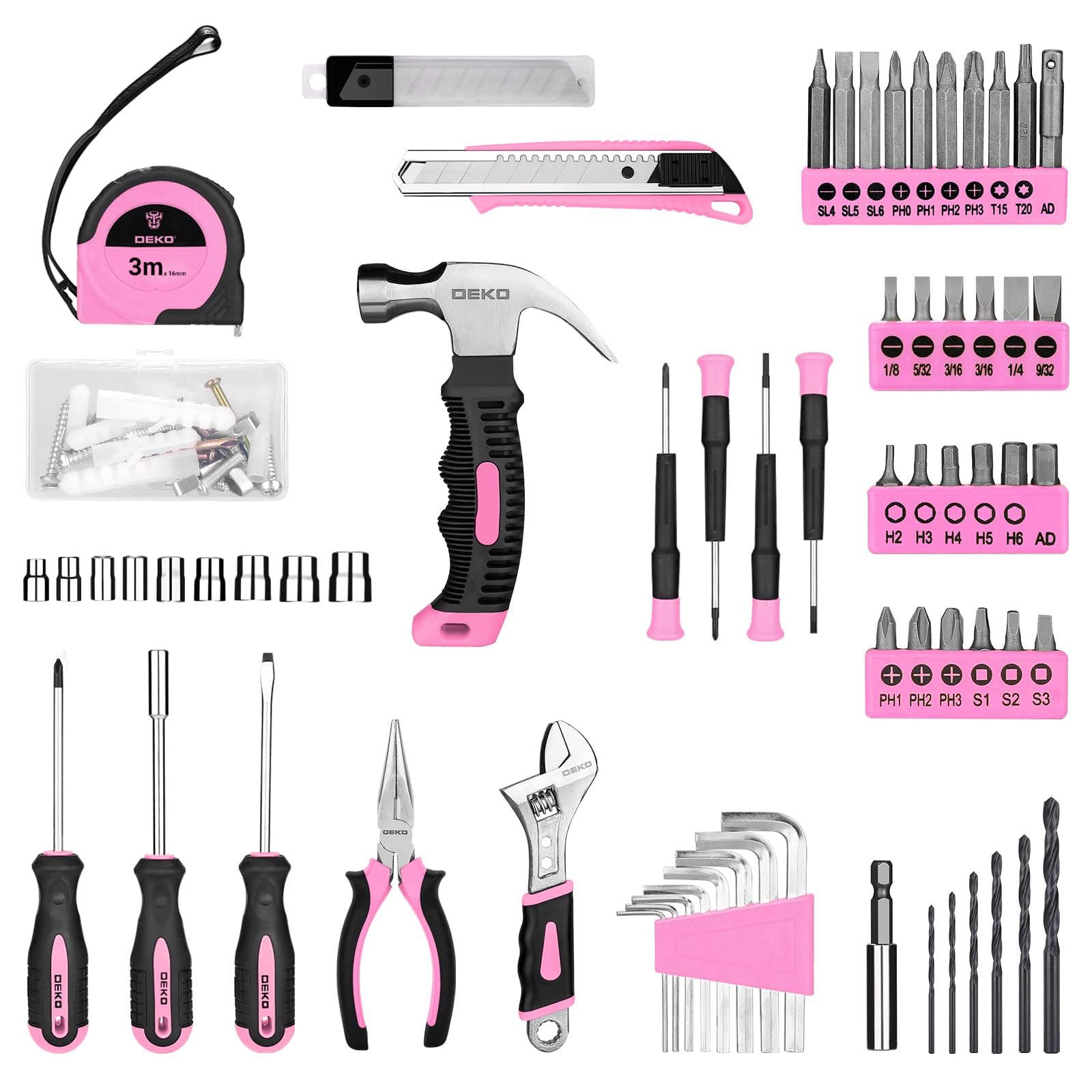 DEKO Caisse a Outil Rose avec Perceuse Visseuse Multifonction Sans Fil 8V, 126 Pièces Malette Outils complete, Ensemble d'Outils avec Perceusepour Réparation, Entretien et Travail