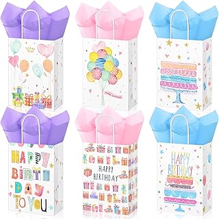 18 Pieces Happy Birthday Gift Bags Watercolor Birthday Party Favor Bags Bulk Birthday Theme Party Paper Goodies Bags with Handle for Present Wrap Candy Treat Birthday Paper Bag and Paper Set