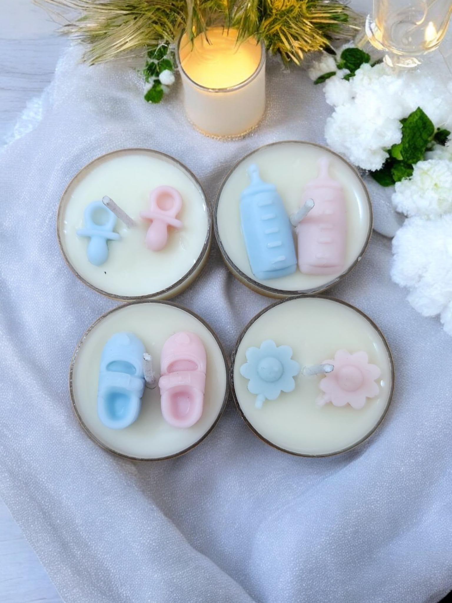The Natural House Baby Shower Scented Candles, Candles for Baby Shower Decoration, Baby Theme Gift Set, Candles Packed in a Box with Thank You Card (Tea Lights, Pink & Blue, Pack of 8)-image-44