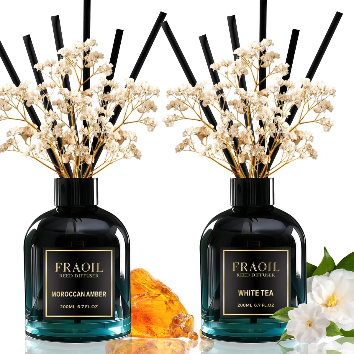 Moroccan Amber and White Tea Reed Diffuser Set 6.7 fl oz (200 ml) with 6 Reed Sticks, Home Fragrance Reed Diffuser for Bathroom Shelf House Bedroom Office Decor