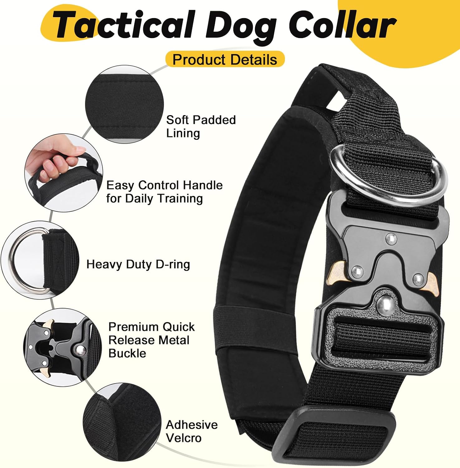 Tactical Dog Collar, Wide Dog Collars with Control Handle, Adjustable and Sturdy Dog Collar, Comfortable Soft Nylon for Small Medium Large Dogs (Black, M) image 2
