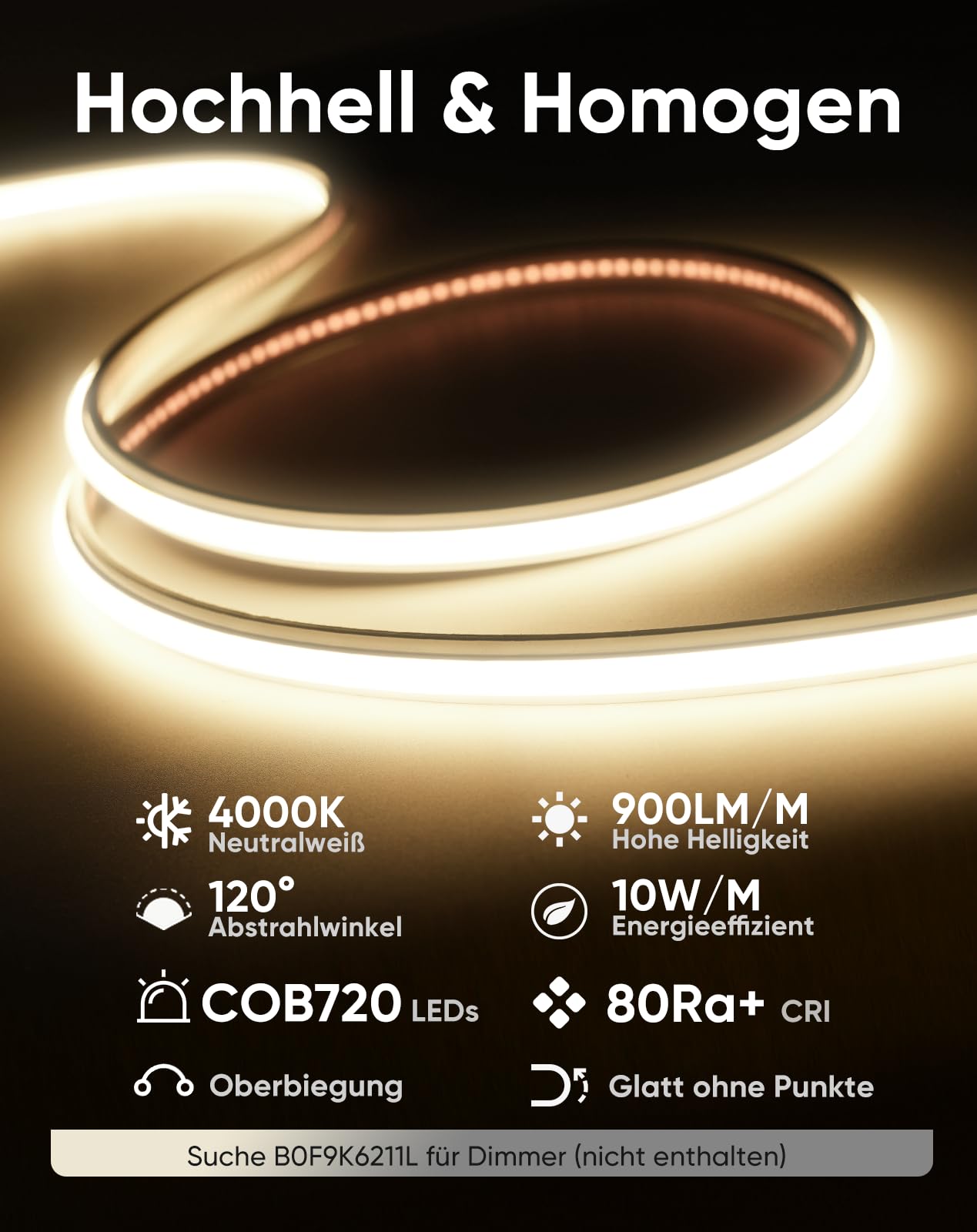 230V COB LED Streifen Aussen, 240 LEDs IP67 Wasserdicht Selbstklebend, Bande LED 900LM Ohne Trafo Flexible Kürzbar für Zimmer und Außen Dekoration Beleuchtung, 4000K Neutralweiß, 5m