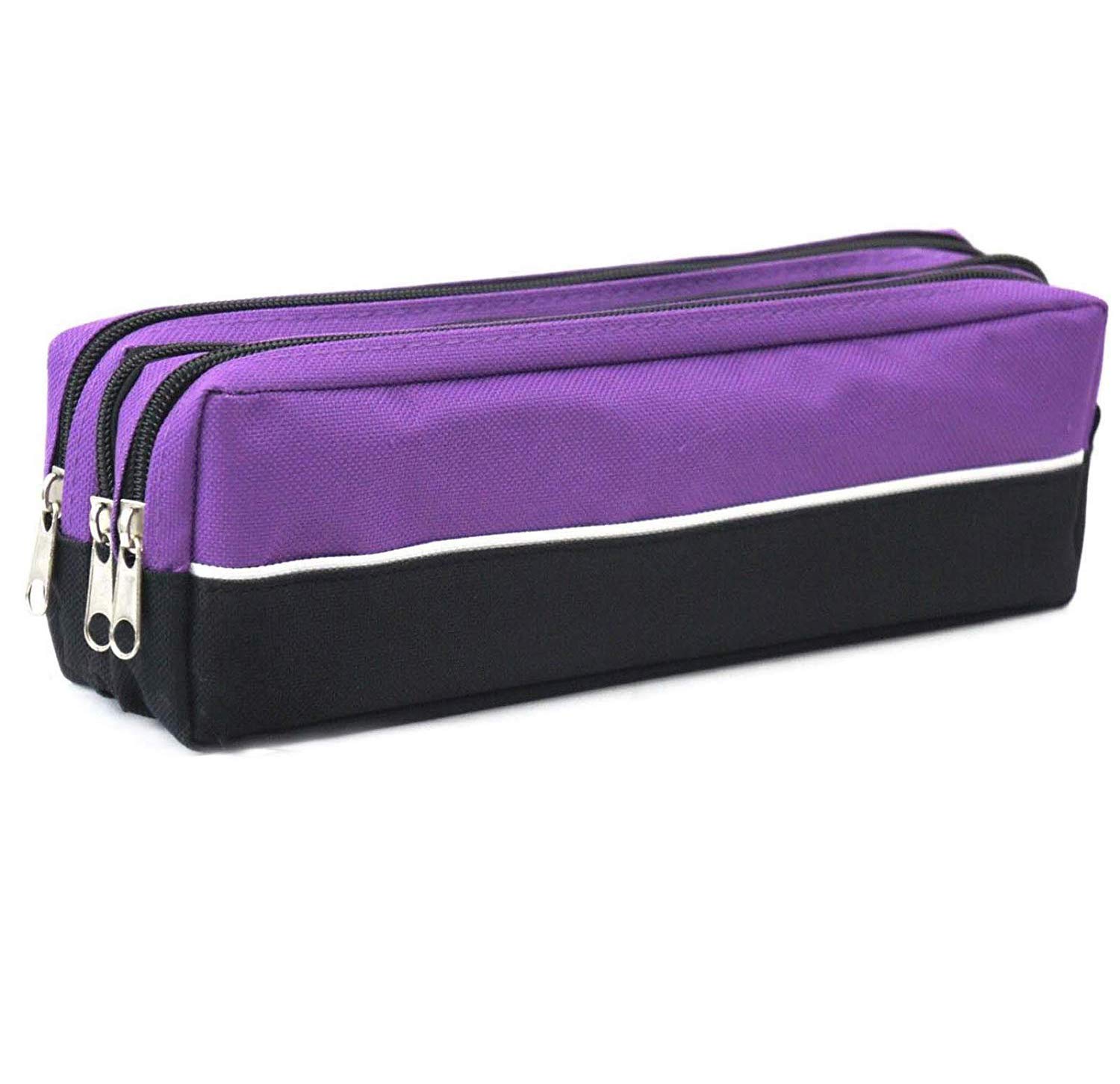 YNR Arpan Triple Pocket Zip Rectangular Large Fabric Pencil Case - School Make-up (Black) (Purple)