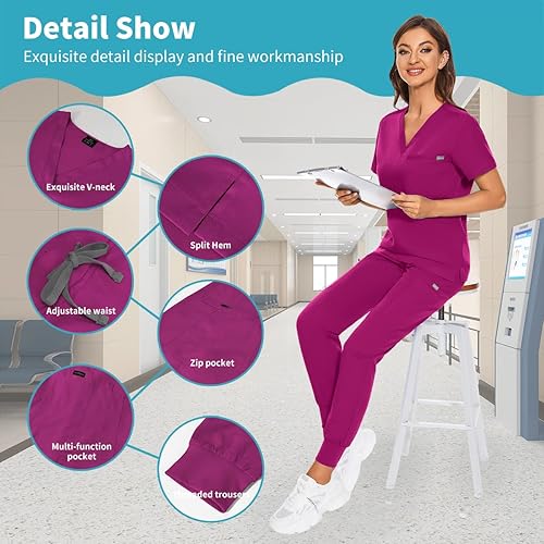 Vista 2 de VIAOLI Conjunto de uniformes médicos para mujer, conjunto de uniformes médicos para mujer, camiseta con cuello en V y pantalón deportivo