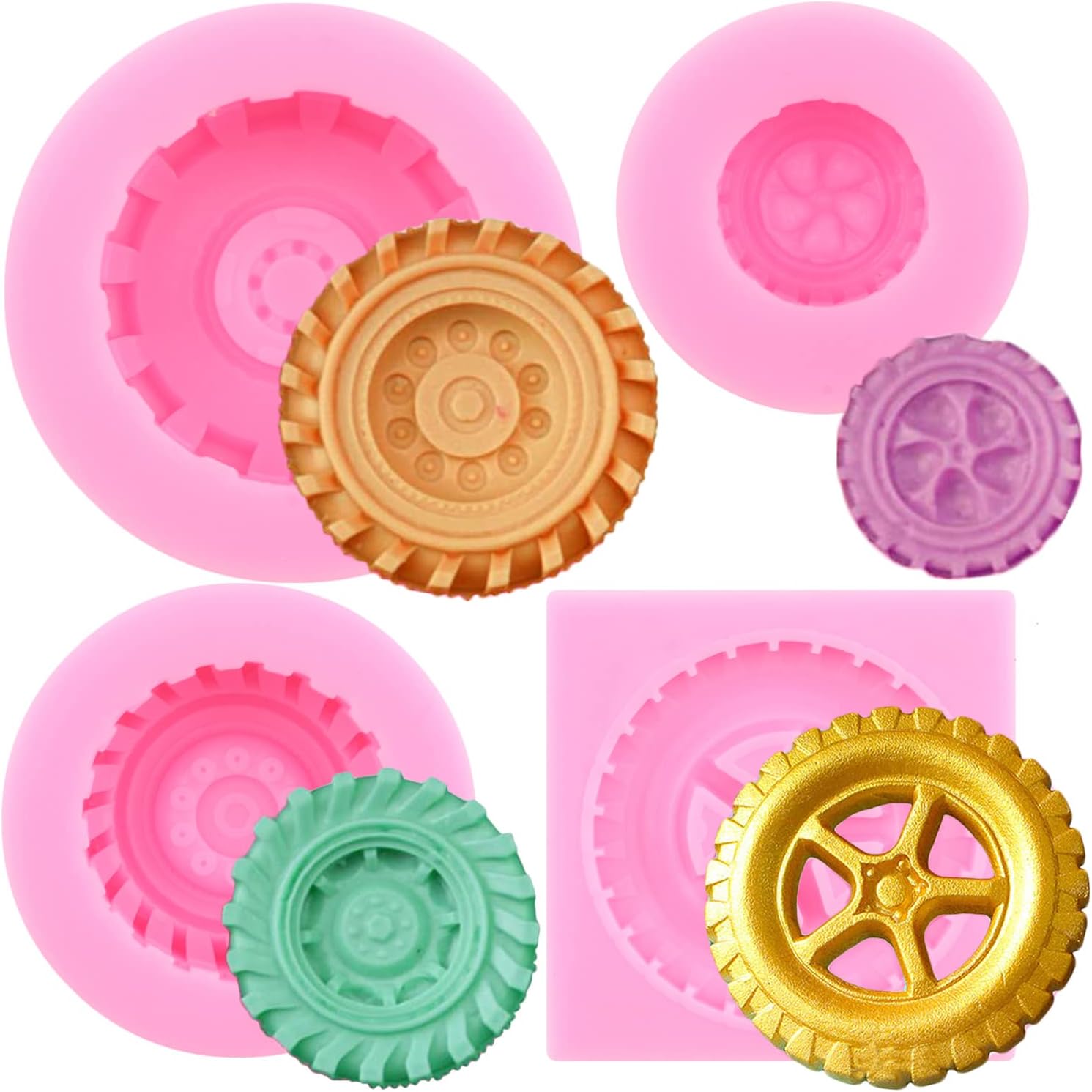 3D Round Tire Fondant Mold Truck Wheel Shape Silicone Mold For Cake Decorating Cupcake Topper Polymer Clay Candy Chocolate Gum Paste Set Of 4